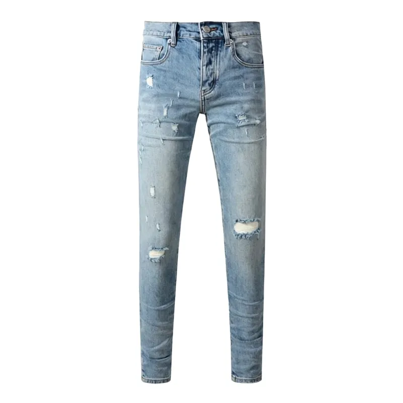 Men's Slim Taper Ripped Jeans Vintage Light Blue Wash Frayed Edges Button Fly High Street Style Denim Pants