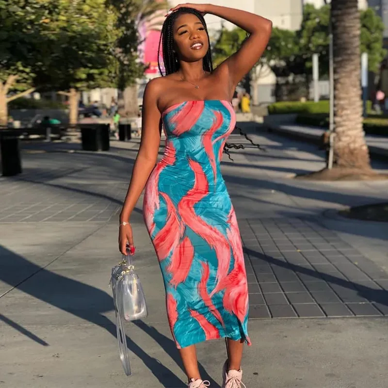 Vår/sommar kvinnors färgglada Tie Dye Print Off Shoulder Wrapped Chest Dress — image 11