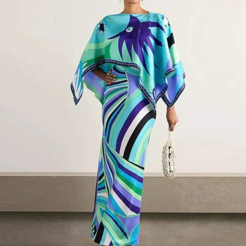 Women Tropical Leaf Print Cape Two Piece Set Batwing Loose Top High Waist Maxi Dress 2026 Summer Fashion Vacation Casual Suit