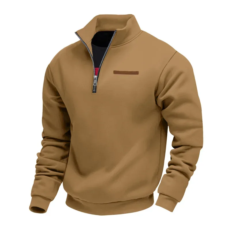 Moletom masculino com zíper com gola alta, pulôver casual de lã quente com listras decorativas no peito — image 5