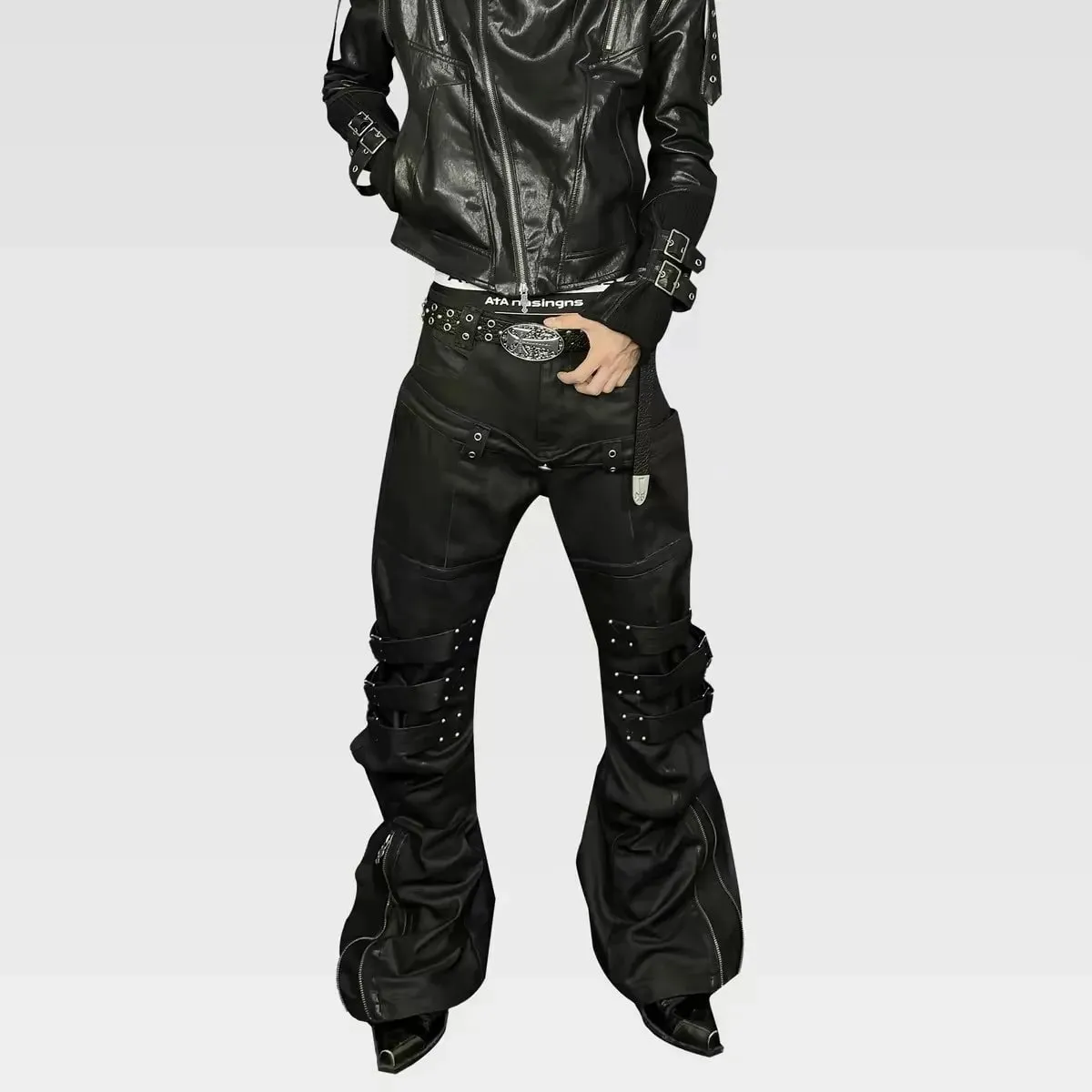 Men Women Wax Coated Skinny Stacked Jeans Double Waist Strap Buckle Patchwork Leather Gothic Punk Flared Curved Denim Pants — image 4