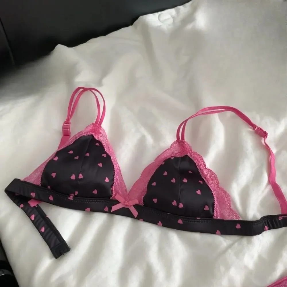 セクシーな New French Style Satin Lace Bra Panty Set Wireless Thin Triangle Cup Sweet Lingerie For Small Bust Young Ladies Size 32‑38 — image 5