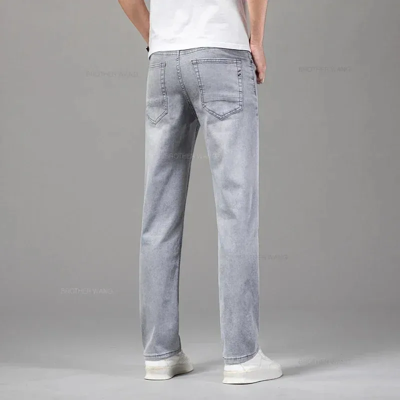 Marca de verão masculina ajuste reto leve algodão estiramento jeans negócios casual cintura alta fina luz cinza calças dos homens — image 3