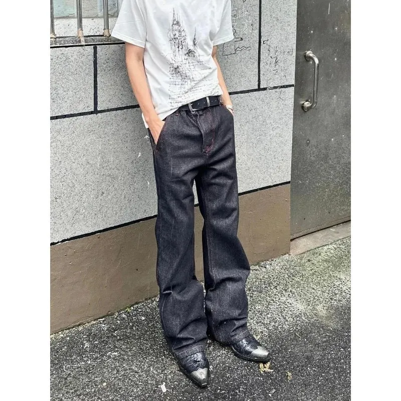 Men American Vintage Denim Red Stitch Raw Black Straight Micro Flare Jeans Slim Fit Fashion Casual Stretch Long Denim Trousers — image 1