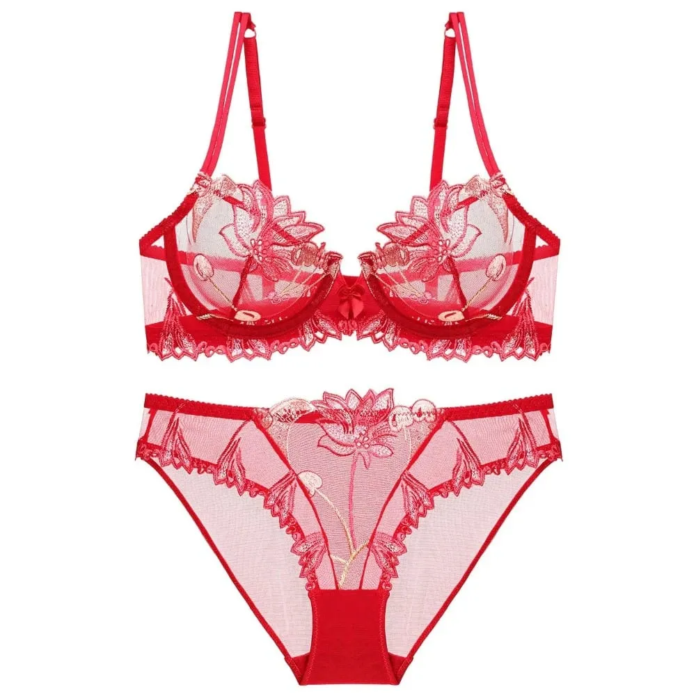 Sexy Lace Flowers Embroidery Bra Set Ultra Thin Breathable Steel Ring Bralette Lingerie French Underwear Set70-90 B C D — image 5