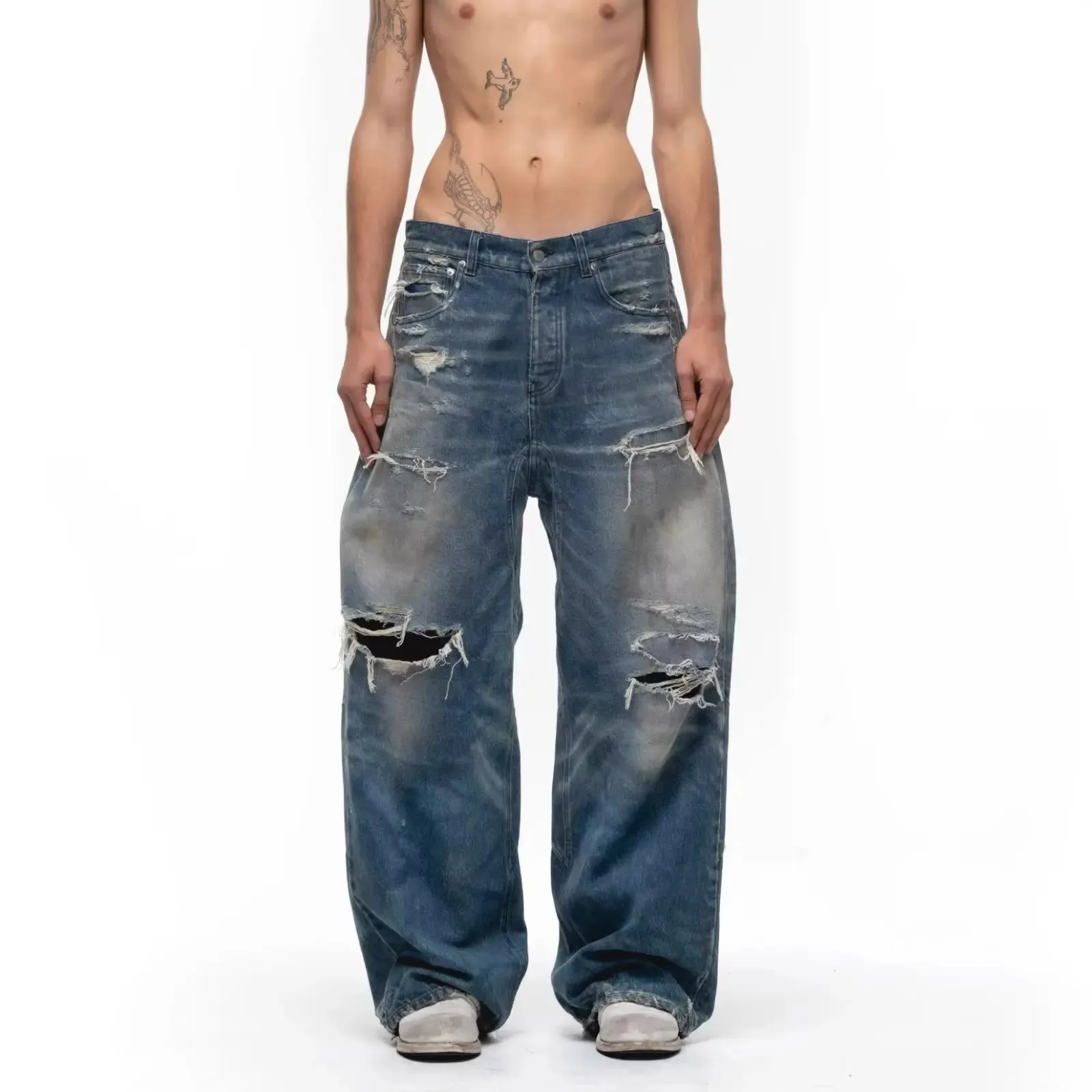 Unisex Jeans 2026 Spring Autumn Men's American Hollow Out Washed Retro Jeans Loose Wide Leg Straight Pants Hole Ripped Trousers