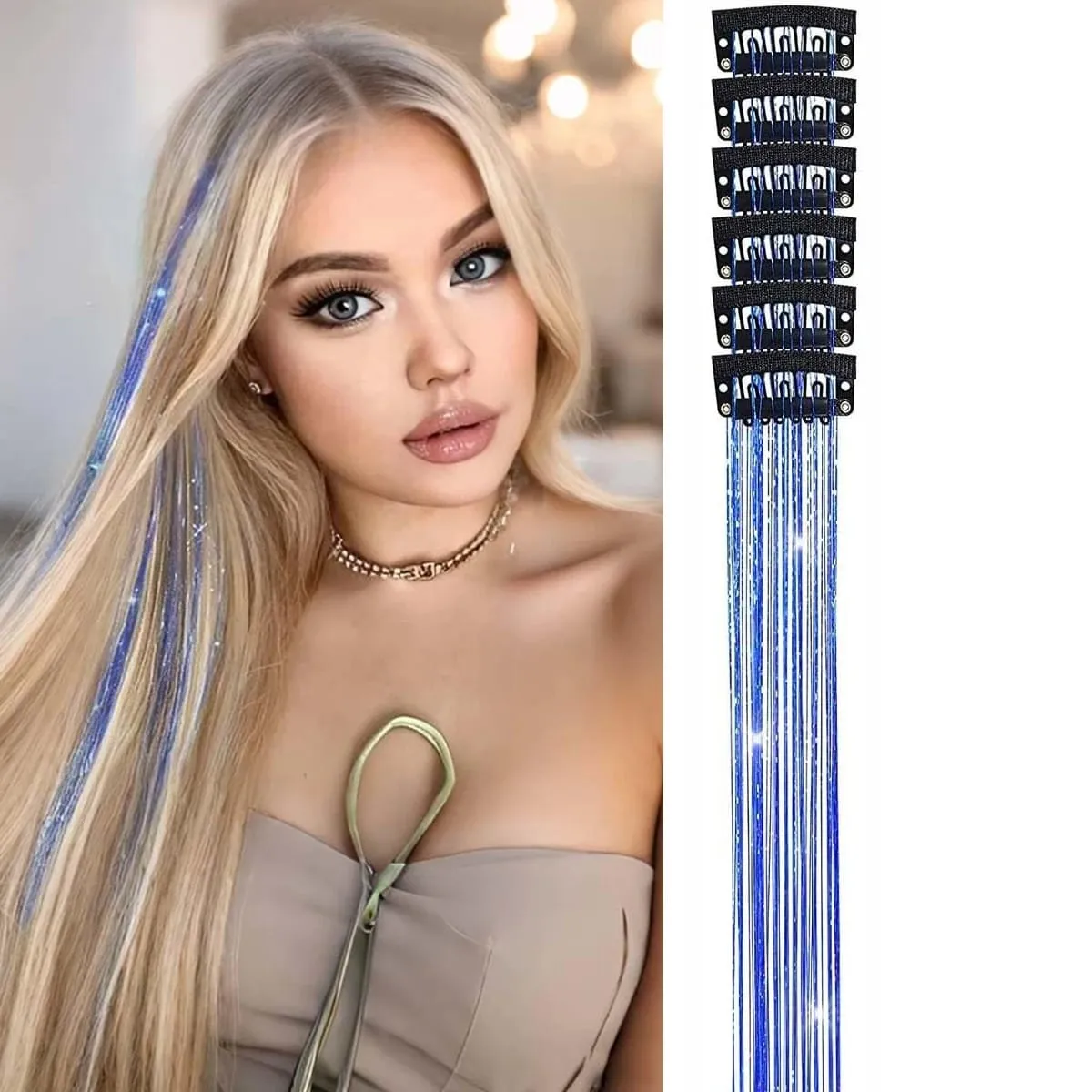 Hair Tinsel Pack of 6 Pcs Hair Tinsel Clip in Glitter Tinsel Hair Extensions Synthetic Hair Tinsel Kit Party Festival Fairy Hair — image 12