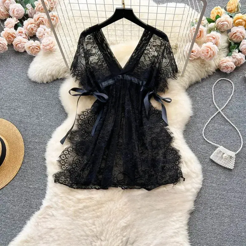 Fashion Lace Mesh Sensual Comfortable Mini Dress Women V Neck Lace-up Black Dress Sexy Party Hotsweet New