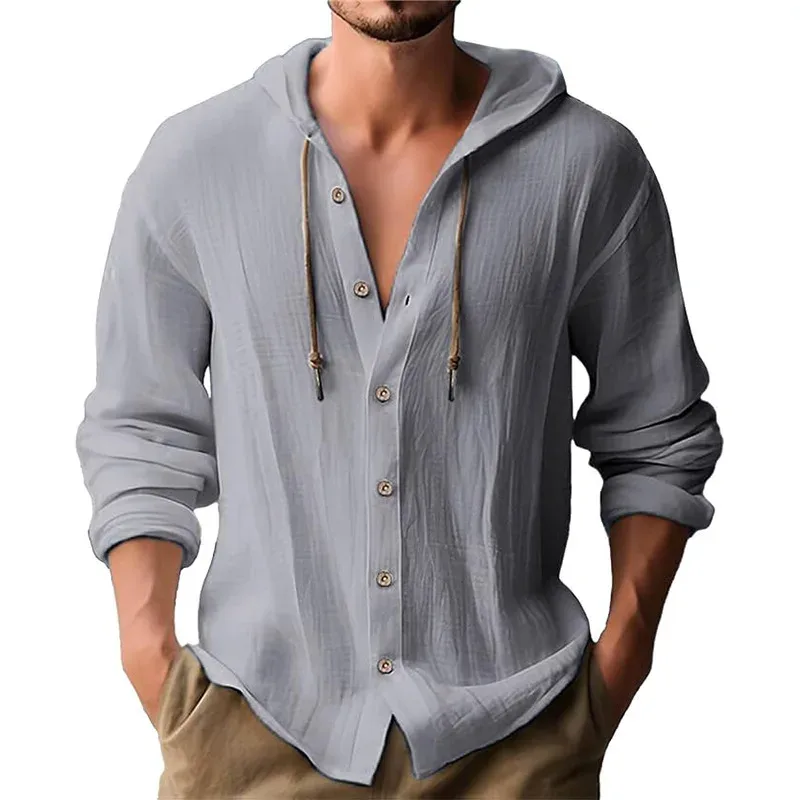 Solid Color Casual Shirt ng Lalaki na Naka-hood na Drawstring na Cotton at Linen na Cardigan Trendy at Versatile Loose Beach T-Shirt — image 6