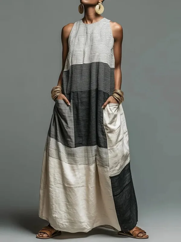 Summer Women Maxi Dress Stylish Color-Block Patchwork Loose Sleeveless Tank Long Dress Trendy Fashion Casual Pocket Dresses