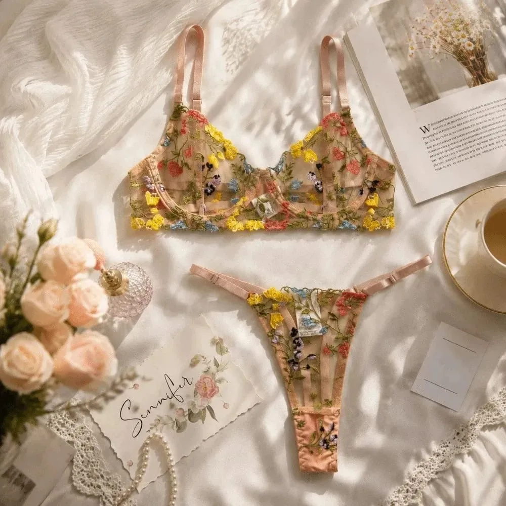 Versatile Transparent Lingerie Set Ultra-thin Elegant Panties Bra Set Push Up Embroidery Floral Underwear Honeymoon — image 4