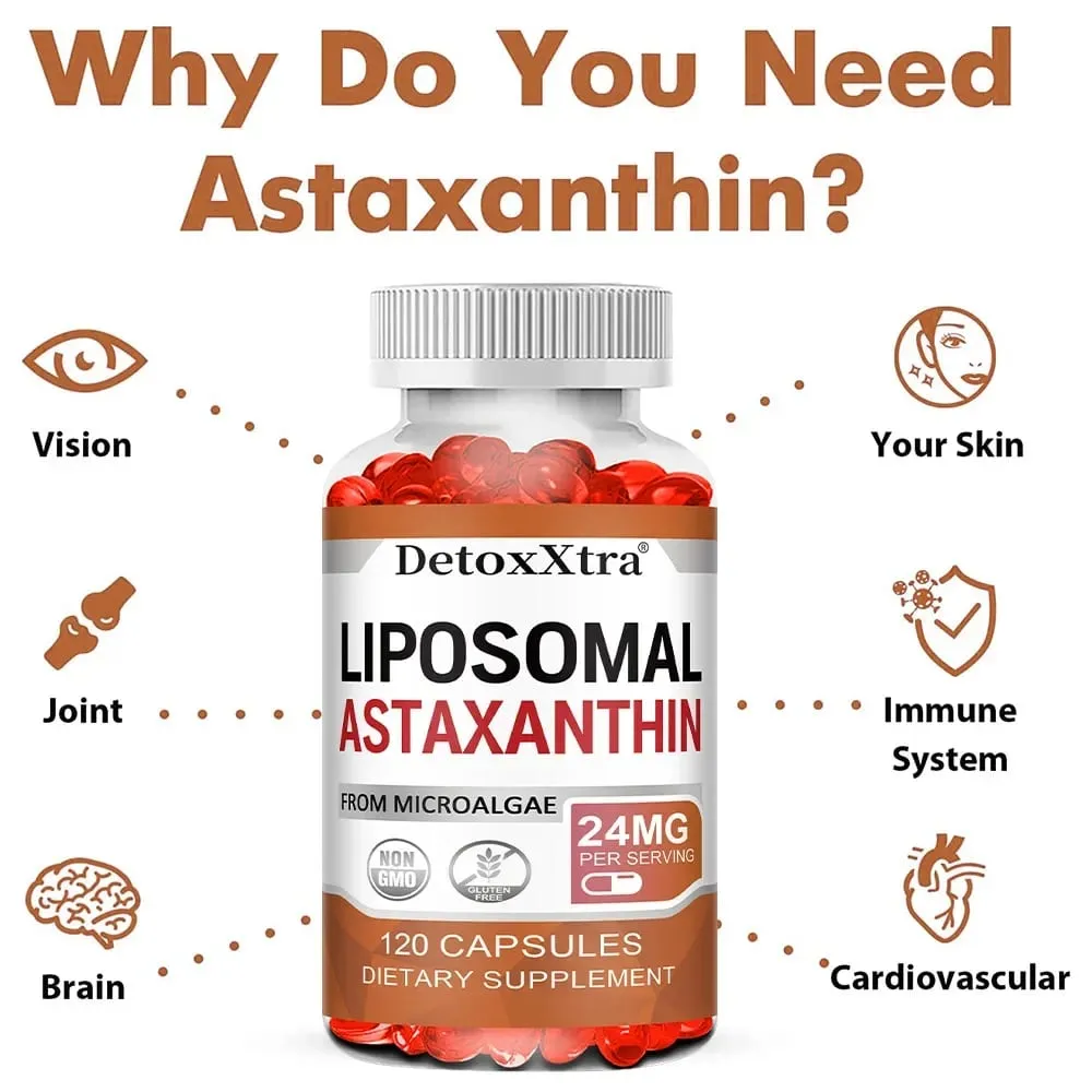 Liposomal Astaxanthin Supplement 24 MG Antioxidant Stronger Than VIT C Support for Cardiovascular Gut Skin + Eye Health