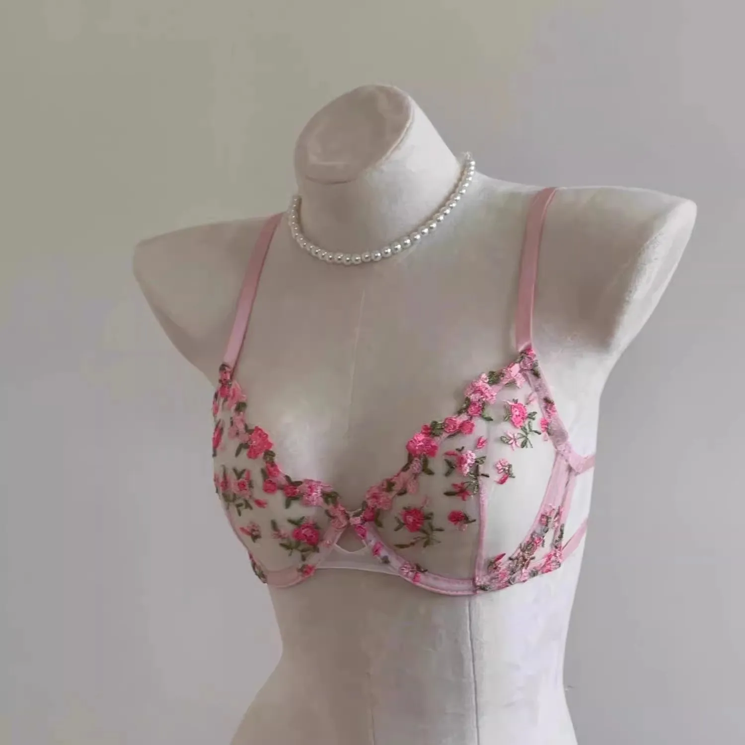 French Floral Bra Set Women | Sweet Sexy Sheer Mesh Lace Transparent Underwear Set | Practical & Feminine MOYISU Sexy Panty Set — image 1
