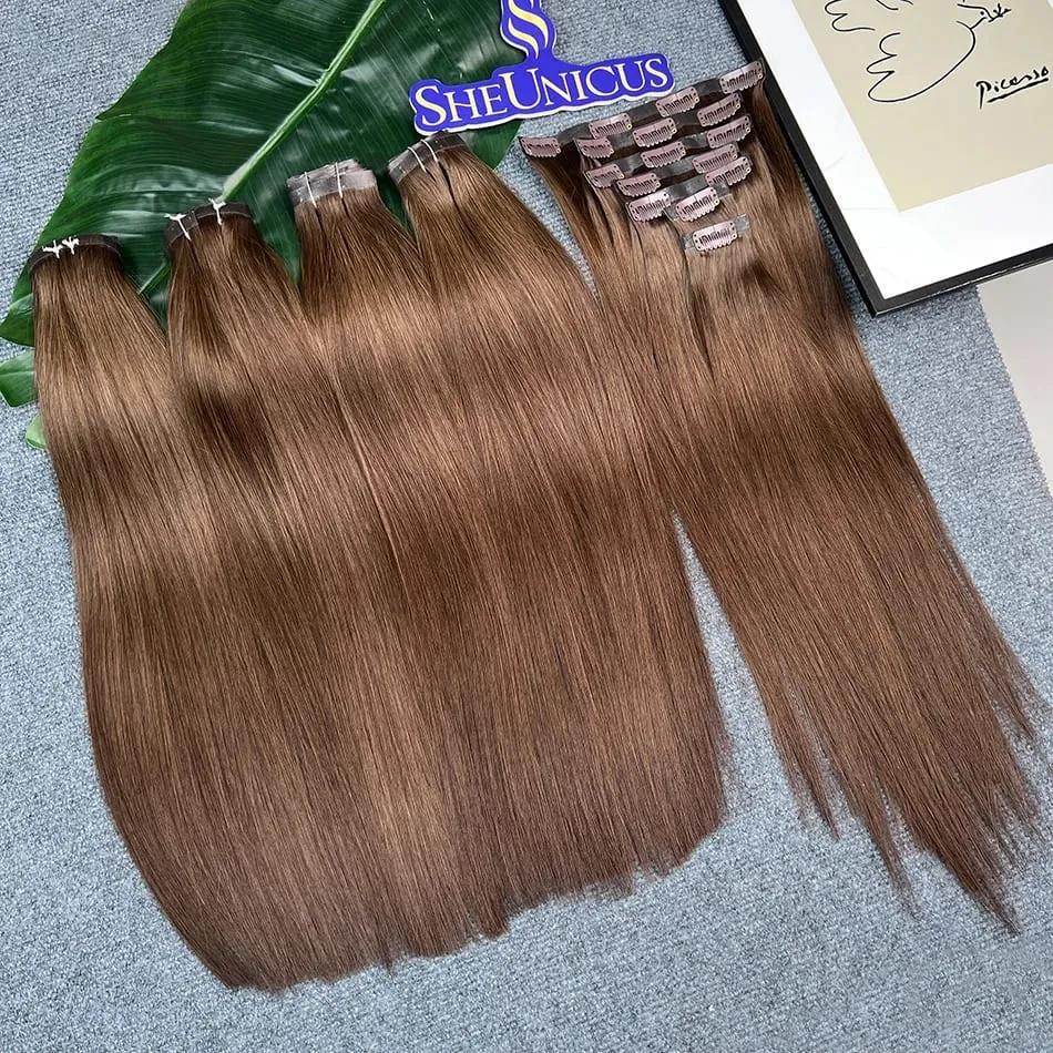 #2 cor em linha reta plutônio clipe ins extensões de cabelo 100% cabelo humano 100 g/set 7 pçs sem costura invisível trama do plutônio vietnam cabelo para mulher — image 4