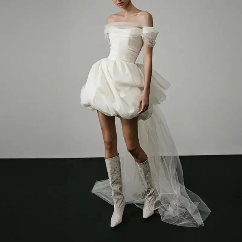 Nya eleganta lätta bröllopsklänningar för kvinnor Vit sexig brudminiklänning med nätsläpande brudklänning Lyxfest Vestidos — image 3
