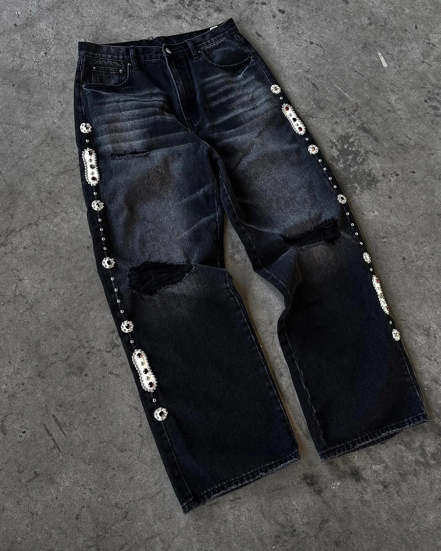 Mens Jeans Punk Vintage Streetwear Black Wide Leg Denim Pants Rhinestone Pearl Decor Ripped Distressed Loose Fit Y2K Fashion