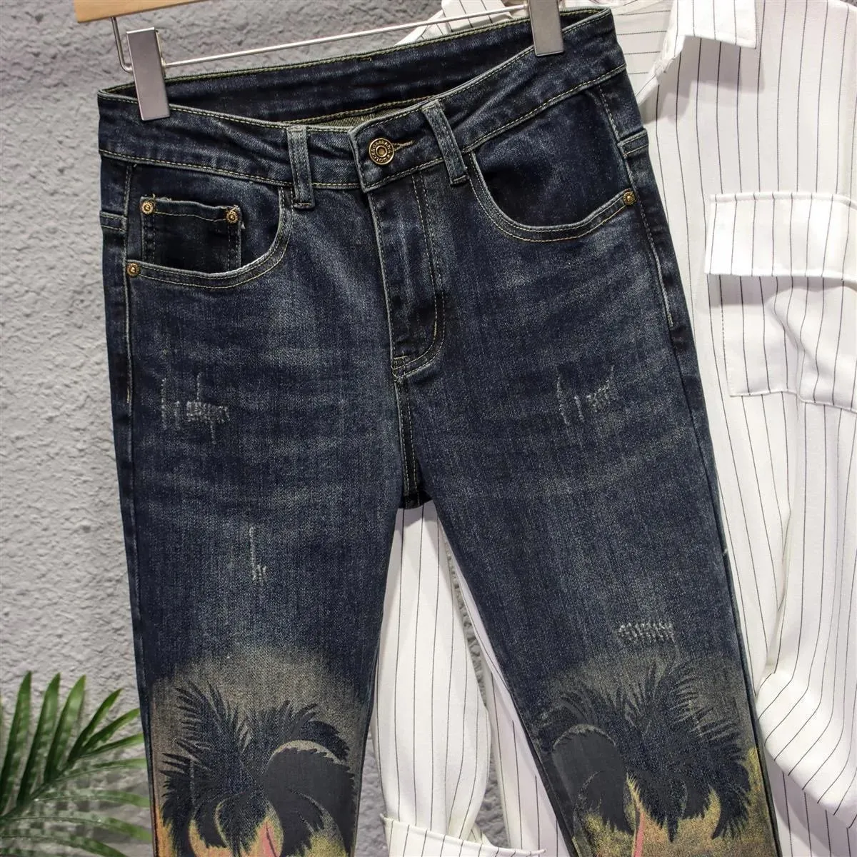Spring and Autumn New Fashion Trend Printed Straight Leg Elastic Jeans For Men's Casual Retro Sports High-Quality Jeans 28-36