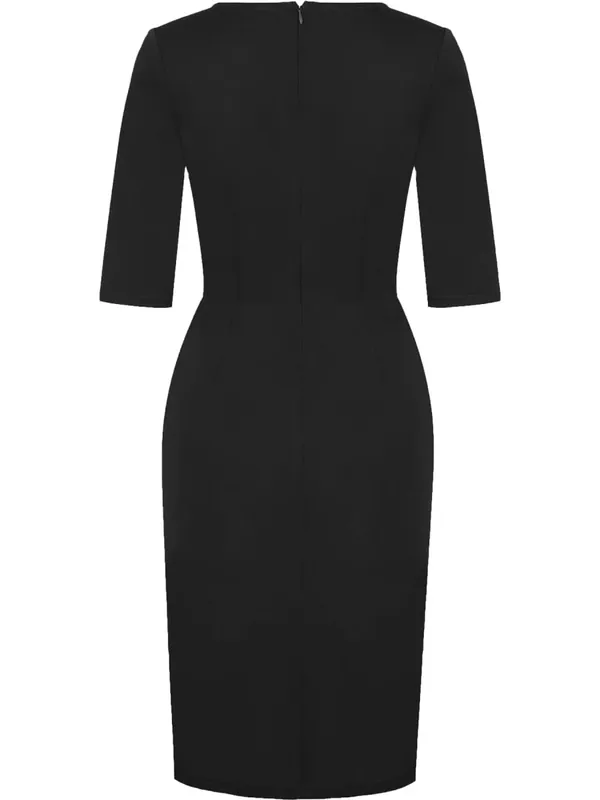 Womens Elegant Crew Neck 2/3 Sleeve Work Office Knee Length Black Business Casual Party Ruched Pencil Bodycon Sheath Dress — image 4
