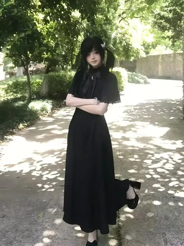 Gothic Y2K Summer Slim Lace Dress Women High Street Vintage Bow Thin Black Dresses Female Fashion Design 2026 Solid Outfits