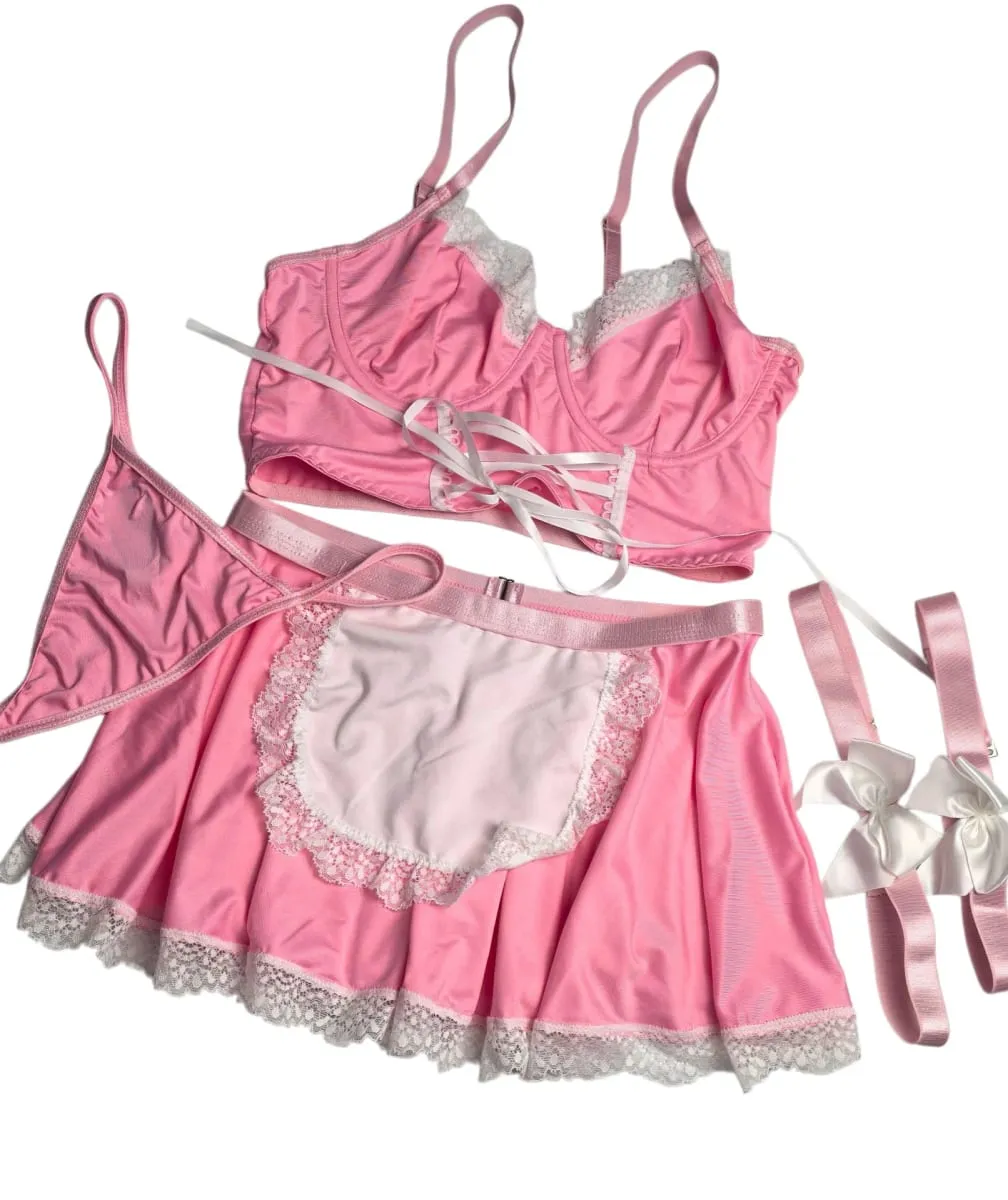 4Pcs/set Sexy Pink Lingerie Maid Underwear Lace Push Up Bra And Thongs Bandage Mini Dress For Women Role Play Outfits Sleepwear — image 2