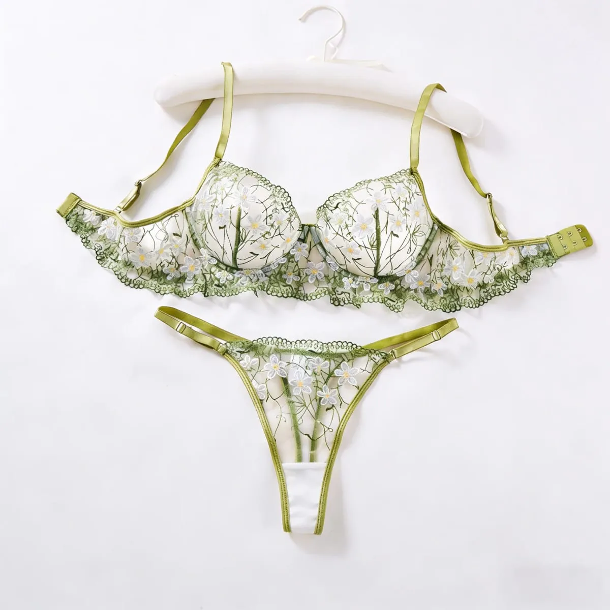 Ladies Sage Green Flower Embroidered Lace Bra Thong Set Sheer Mesh Lingerie Outfit Romantic Intimate Sleepwear ZA825194 — image 1