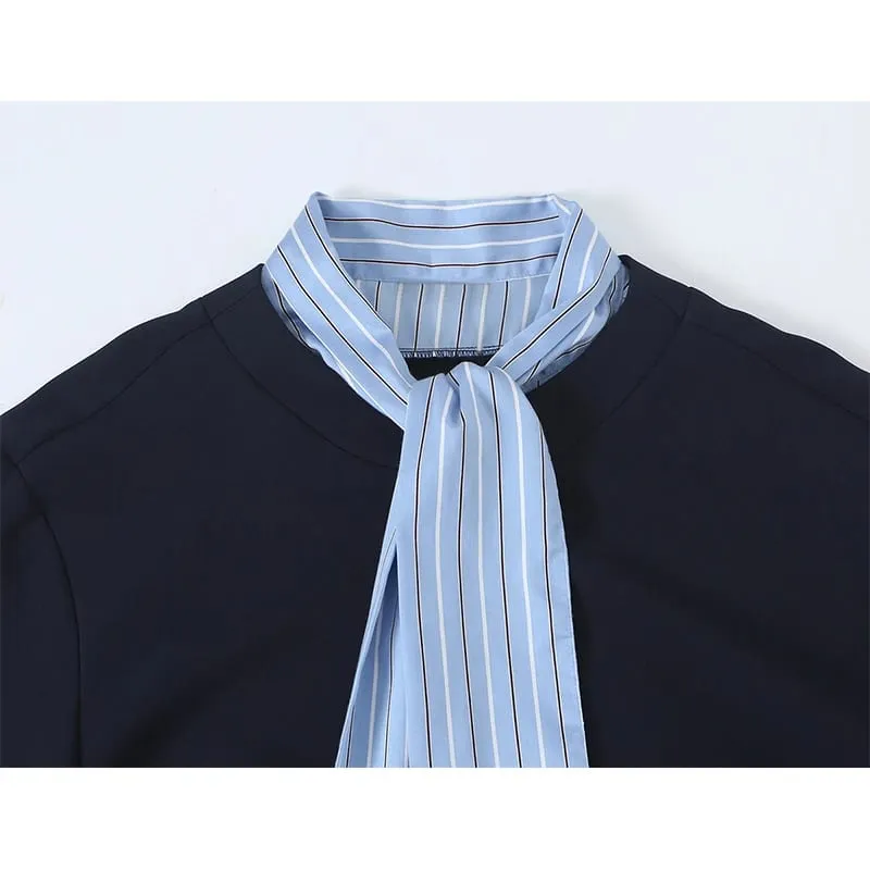 Ladies Contrast Stripe Spliced Casual Short Dress Bow Tie Neck Half Sleeve Ruffled Hem Loose Fit Commuter Dresses