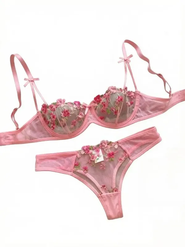 Night Beautiful Sexy Women 2 Piece Floral Embroidery Underwear Sexy Erotic Lingerie Underwear Set — image 2