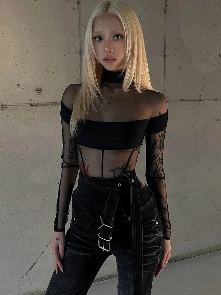 Weird Puss Coquette See Through Bodysuit Women Sexy Wild Mesh Hipster Patchwork Full Sleeve Midnight Stretch Street Clubwear