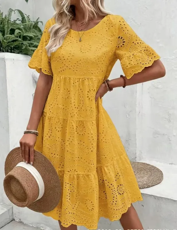 Pambabaeng White Eyelet Embroidery Midi Dress Hollow-out Boho Flowy Ruffle Tiered Dress Casual Short Sleeve Summer Beach Dresses — image 10