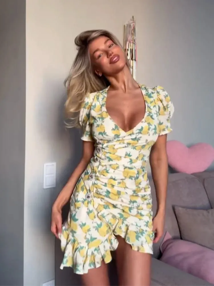 Elegant blommig klänning för kvinnor med midjeband Chic turndown-krage Puffärm A-linjeklänningar Dam Sommar Dagliga Vestidos — image 5