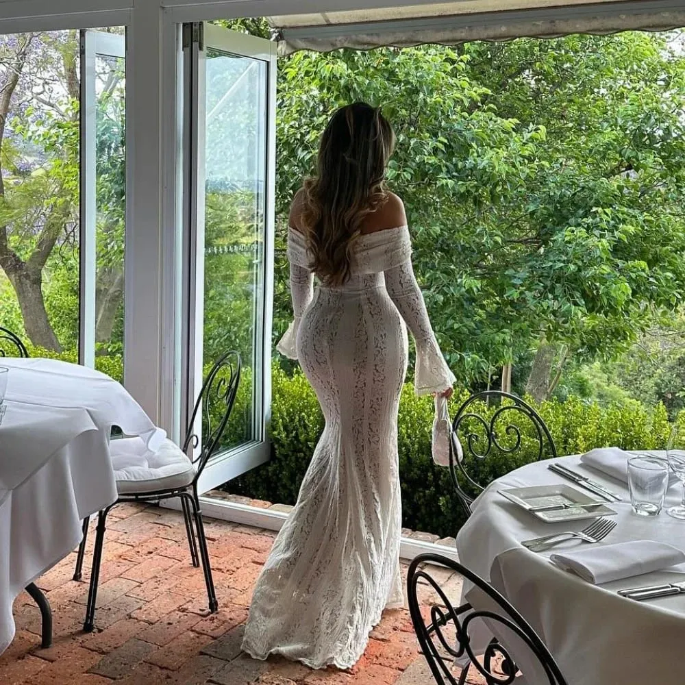 Oligai Elegant Off The Shoulder Bodycon Dress 2024 Nytt i vitt Flare Sleeve Lace Maxiklänning Bröllopsgästklänning för kvinnor — image 5