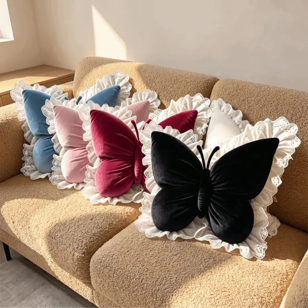 Decorative Cushion Velvet Butterfly Plush Pillow Lace Trim Plush Bow Plush Cushion Soft Cute Bow Throw Pillow Sofa