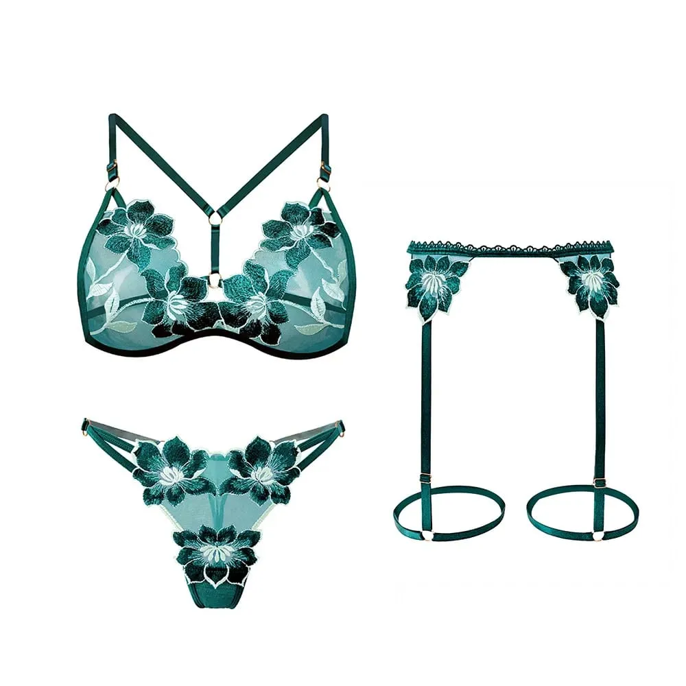 3Pcs/Set Flower Sexy Bra Set Women Bralette Girls Lace Underwear Thong Erotic Transparent Bras Lingerie Panty Sets — image 1