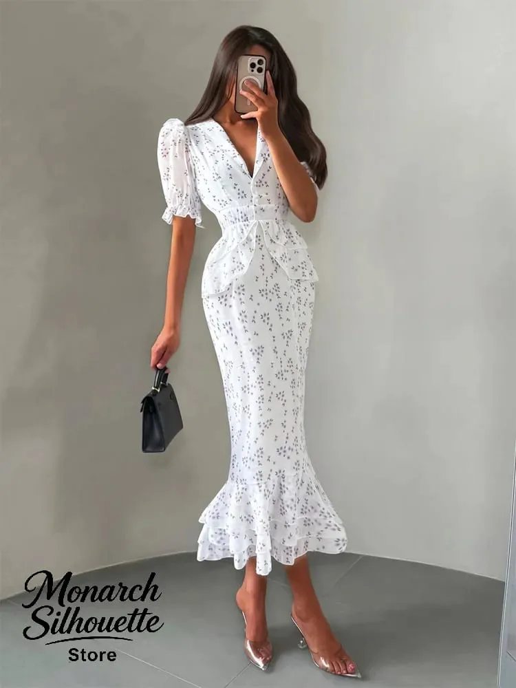 White Pink Floral Choker Neck Dress Women Elegant V-neck 3/4 Sleeves Peplum Ruffle Hem Long Dresses 2026 Lady Daily Vestidos New — image 5