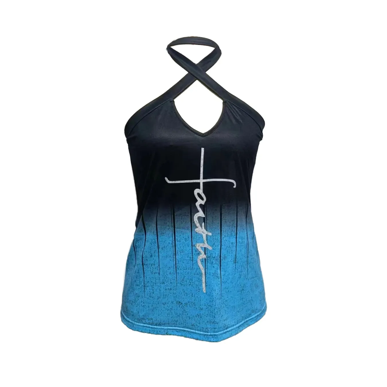 Women's Tank Top Spring Summer Black Blue Gradient Halter Cross V Neck Cutout Handwritten Letter Slim Cropped Chic Daily Casual
