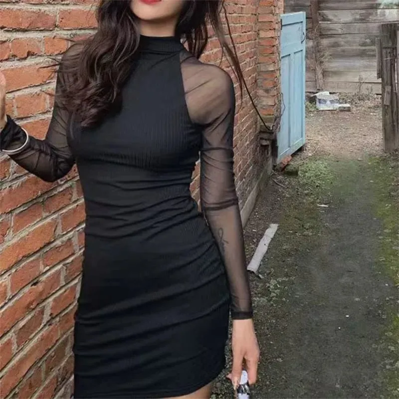Malha retalhos meia alta pescoço vestidos femininos preto moda ver através de manga longa magro clubwear feminino mini vestido bodycon