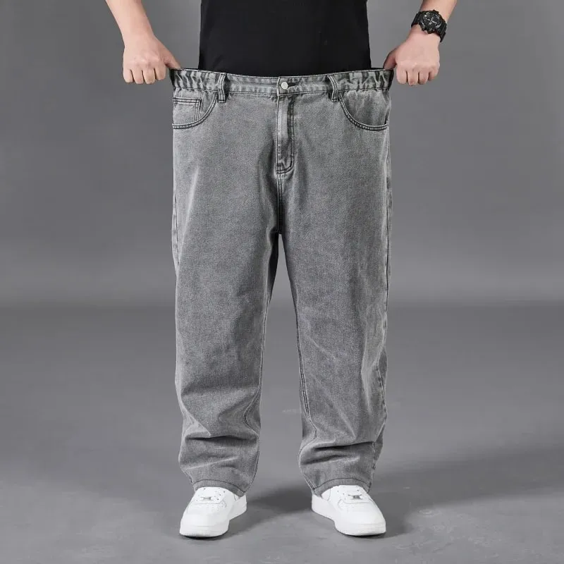 Plus Size Jeans Men High Elastic Waist Baggy Denim Pant Male Plus Large Loose Fit Cowboy Trouser Classic Black Blue Grey Clothes