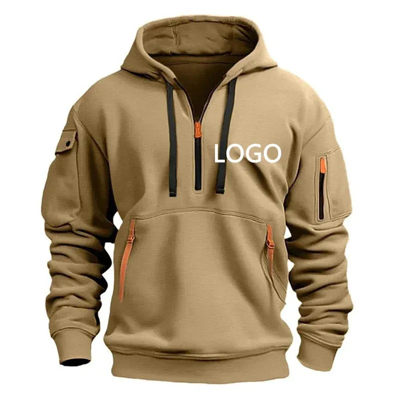 Novo personalizado ombro gota hoodies masculino lazer esporte multi zíper braço bolso solto moletom moda com capuz jaqueta pulôver — image 3