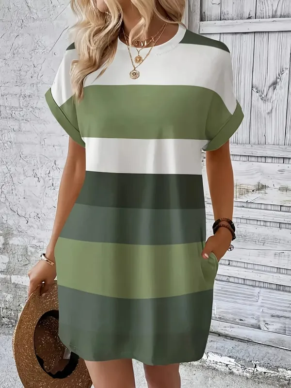 Chic Plus Size Klänning: Elegant Stripes Roll-Up ärmar Fickor – Bekväm och avslappnad damklänning