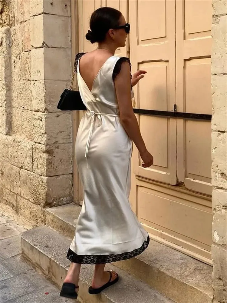 Tossy Fashion Satin Lace Long Dress Women V-Neck Patchwork Hollow Out Walang manggas na Lace-Up Dress Panggabing Pambabae Autumn Maxi Dress — image 5