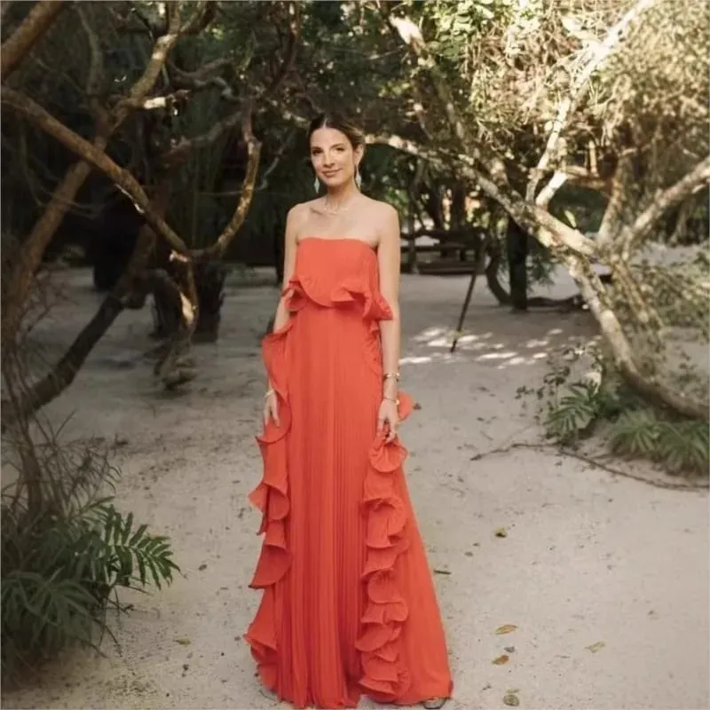 Vestido feminino da moda para férias de verão, laranja, plissado, chiffon, longo, formal, feito sob encomenda, com babados, sem alças, vestido de festa na praia — image 5