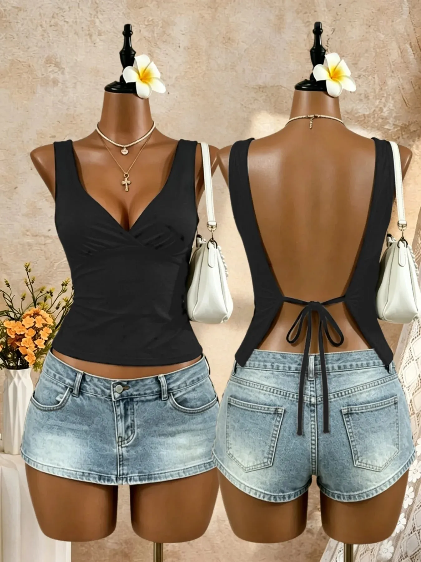 Women Wide Strap Deep V Wrap Front Open Back Tie Slim Crop Camisole 2026 Summer Y2K Going Out Streetwear Tank Tops — image 2