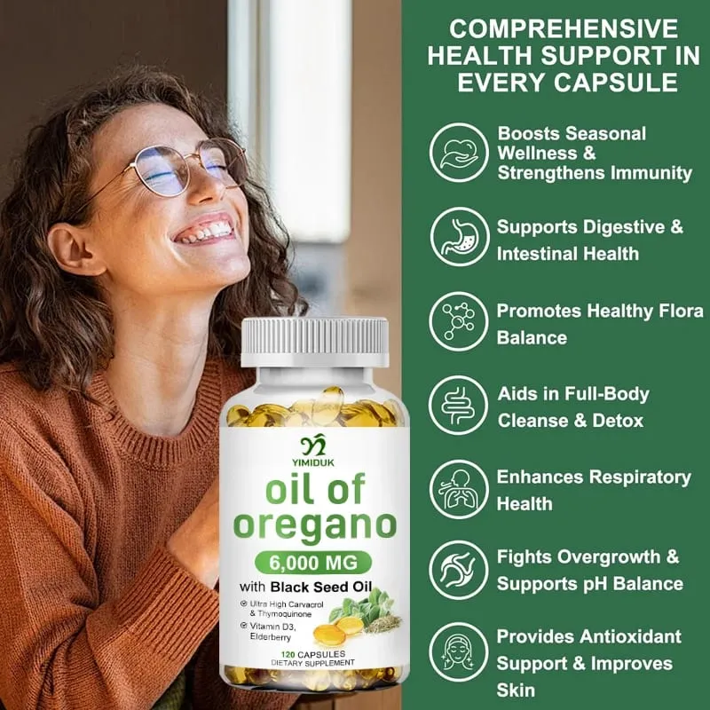 Óleo de orégano + com óleo de semente preta e sabugueiro + vitamina D3 suporta antioxidante e saúde da pele, sistema antibacteriano e imunológico — image 6