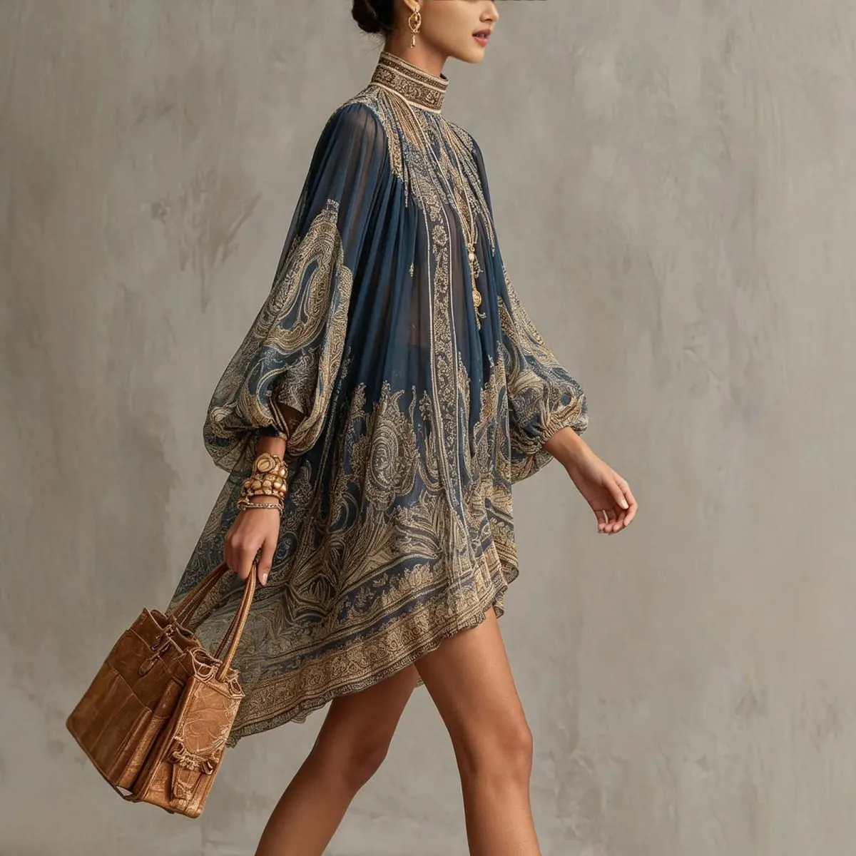 2026 New European and American Turtleneck Printed Chiffon Dress Loose Vacation Style Shawl Long-Sleeved Women's Dress — image 3