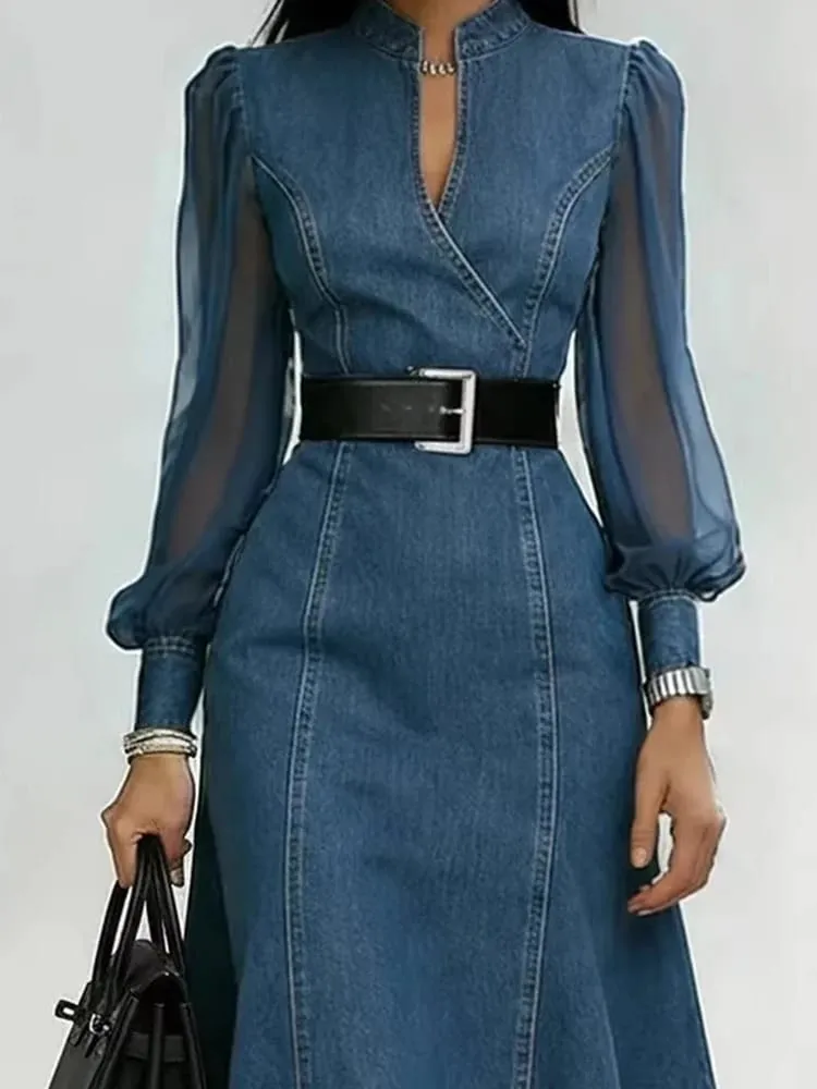 Streetwear Denim A-Line Dress Summer Women Tulle Puff Long Sleeve See Through V Neck Maxi Dresses Vintage Jean Dress With Belt — image 5