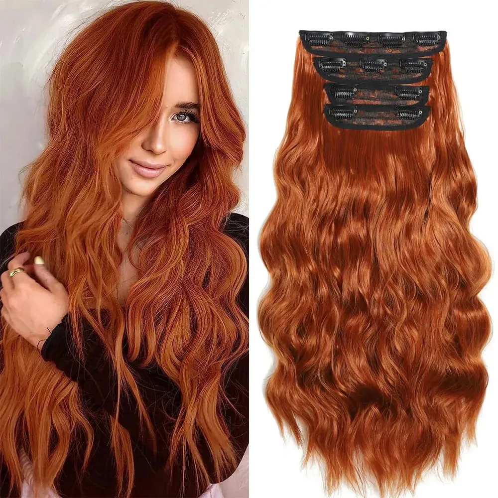 Copper Red Long Wavy Clip in Hair Extensions 20 Inch 4Pcs Double Weft Synthetic Hairpieces Full Head for Women Party Cosplay — image 2
