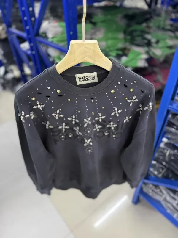 Letters Logo Rhinestone Rivet Satoshi Nakamoto Sweatshirts Men Women Streetwear Vintage Washed Charcoal Gray Green Pullovers Tag — image 8