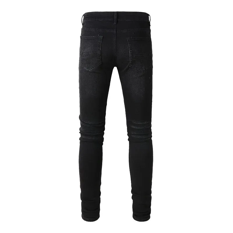 Homens plissados remendo motociclista jeans streetwear magro cônico estiramento denim calças rasgadas retalhos preto — image 3