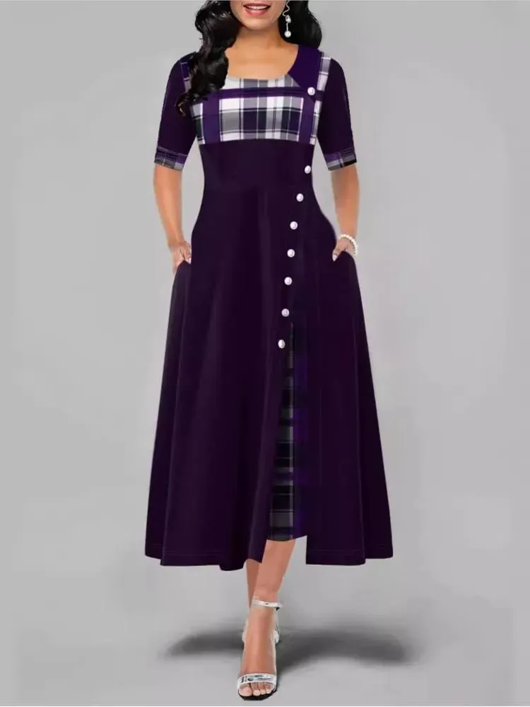 Pambabaeng Irregular Lattice Patchwork Long Dresses Vintage Buttons O Neck Half Sleeves Casual Lady Commuting Dress Fashion — image 4