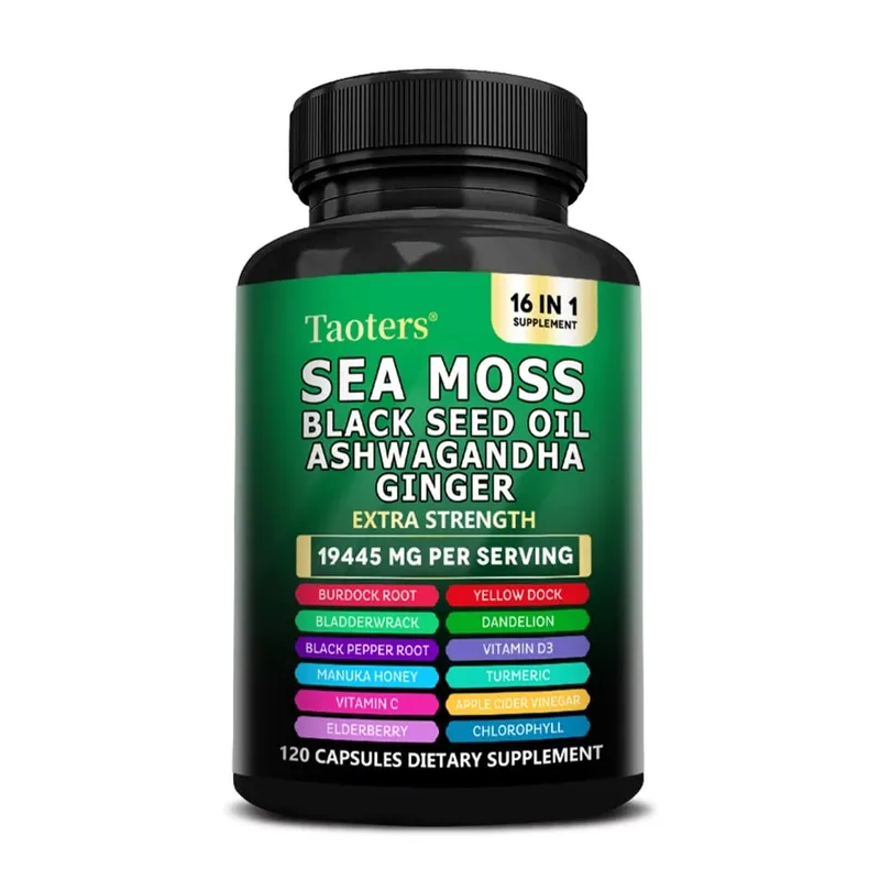 Dietary Supplement with Sea Moss Black Seed Oil Ashwagandha & Ginger - Helps Skin Health Immune Support Improve Sleep & Mood